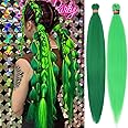 Green+Light Green Pre stretched Braiding Hair 2 Packs Pre feathered Braid Hair Extensions 30 Inches Hair Braids