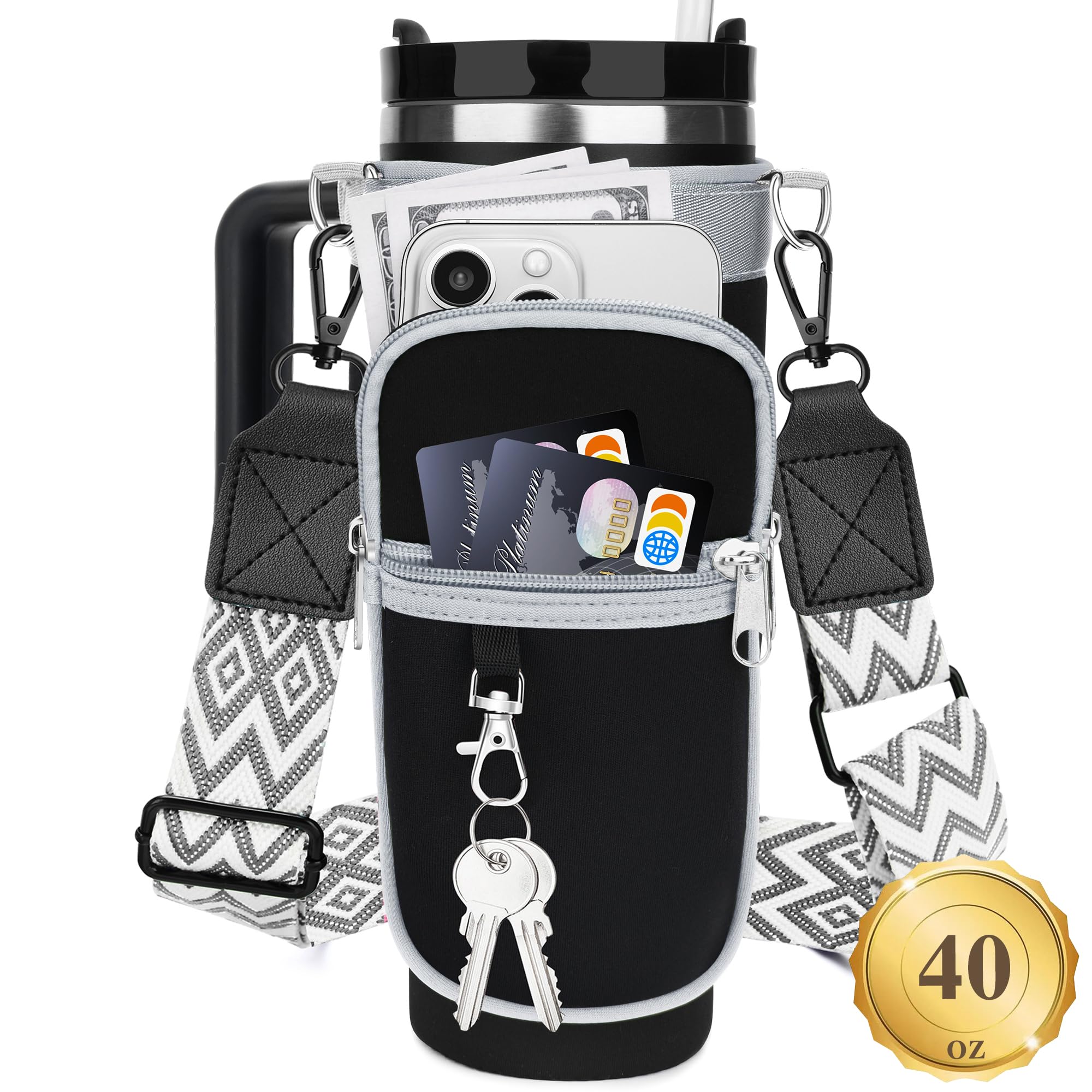 Photo 1 of Water Bottle Carrier Bag with Canvas Shoulder Strap for Stanley 40 oz Tumbler with Handle, Water Bottle Holder Pouch with 6.7'' Phone Pocket for Stanley Cup Accessories, Birthday Gifts for Men Women
