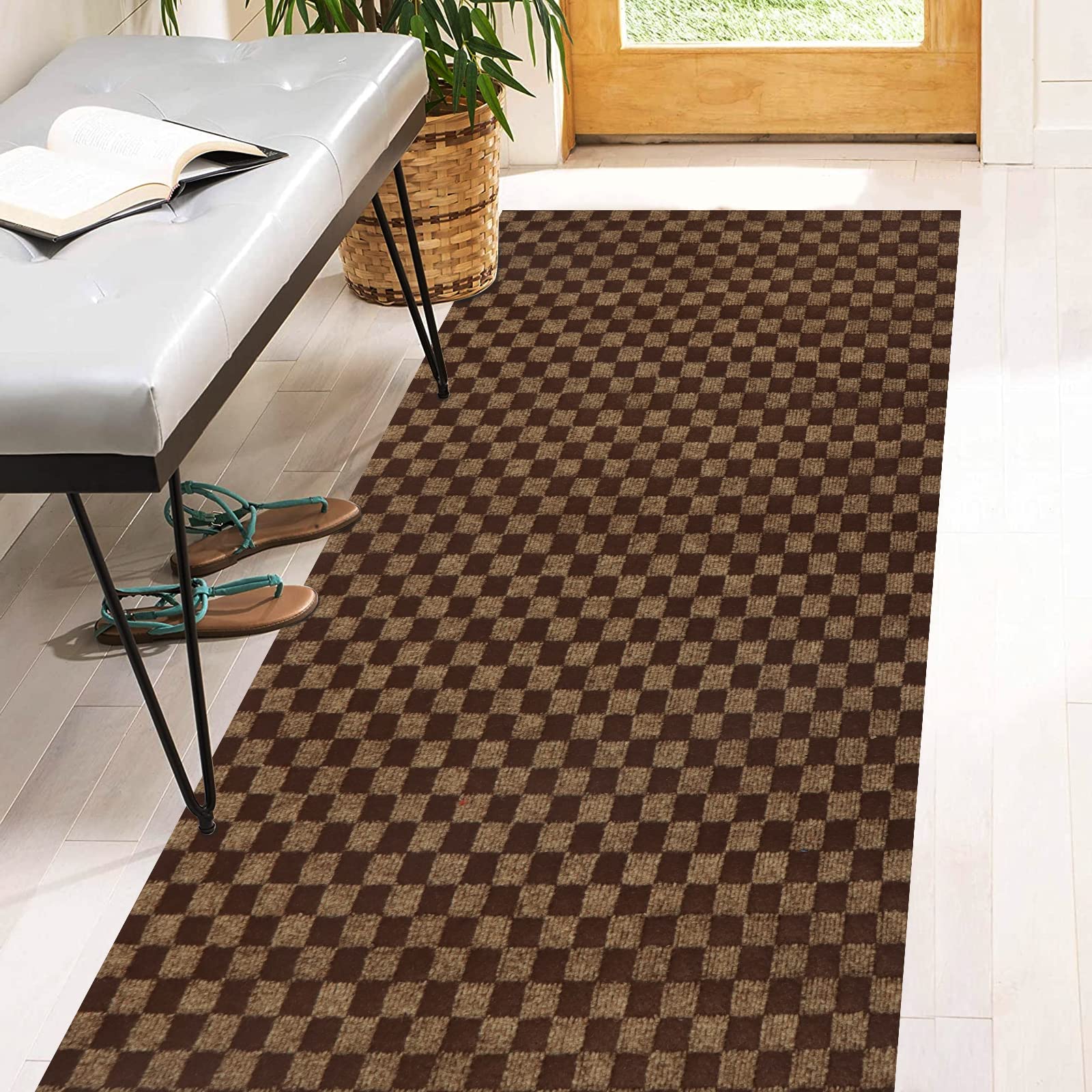 Photo 1 of 2' x 6' Runner Rugs with Rubber Backing, Indoor Outdoor Utility Carpet Runner Rugs, Checkered Brown, Can Be Used as Aisle for The RV and Boat, Laundry Room and Balcony