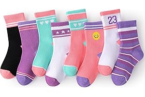 Jspupifip 8 Pairs Girls Kids Socks Athletic Basketball Sport Crew Socks Striped Cotton Breathable Sock with Splicing Color Design for 5-8 Years Old