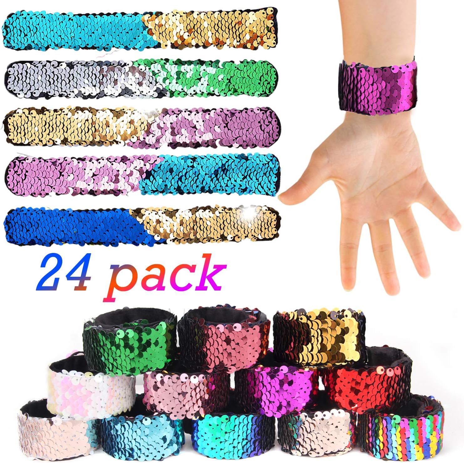 Satkago 24 Pcs Mermaid Slap Bracelets, Valentines Day Gifts for kids Two-Color Decorative Reversible Sequin Bracelets Valentine Treats for Classroom Party Favors