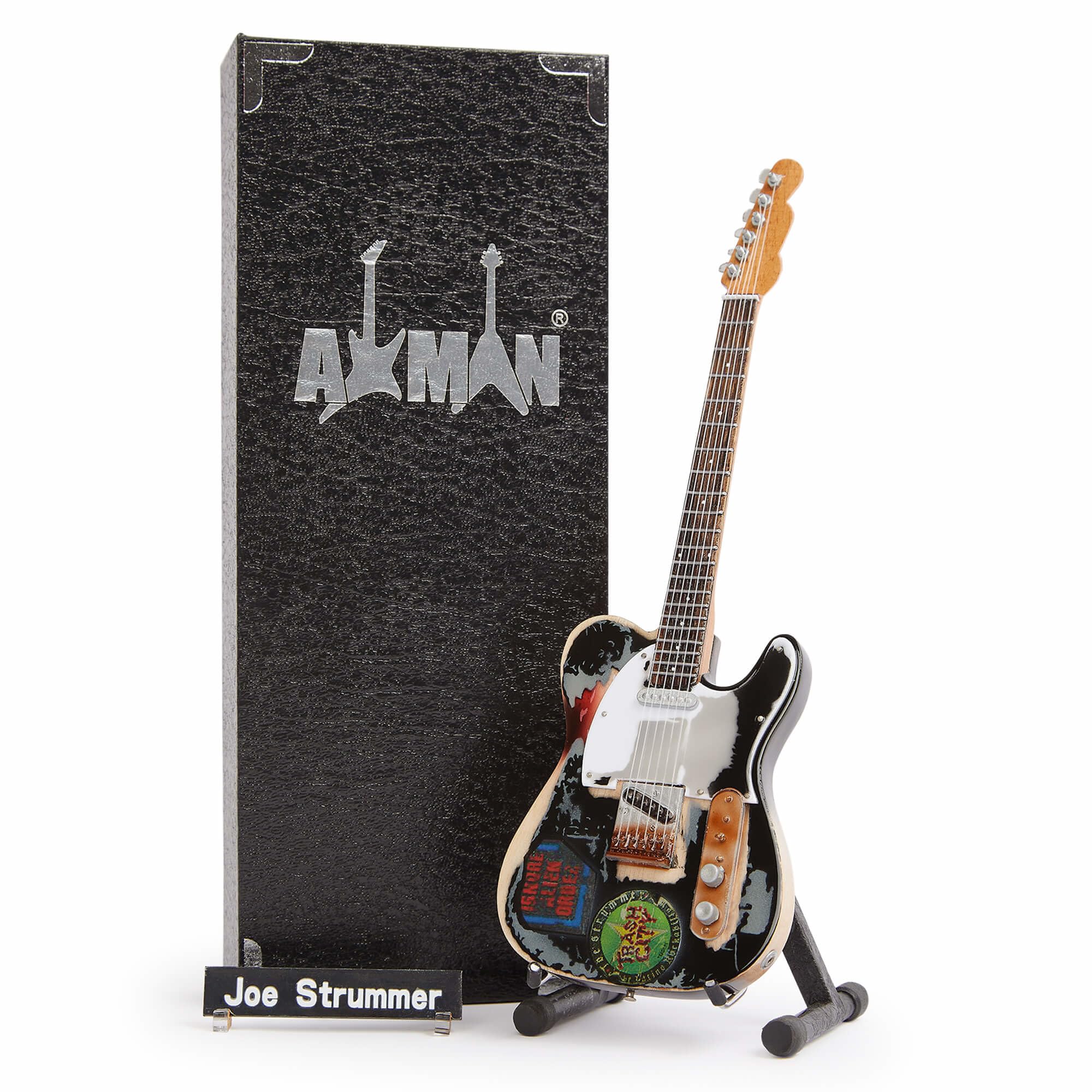 Joe Strummer 1966 : Miniature Guitar Replica - Music Gifts - Handmade Ornamental 1/4 Scale - Includes a Display Box, Name Tag and Miniature Guitar Stand