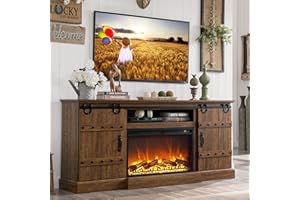 OKD 70" Fireplace TV Stand for 75 80 Inch TV, Farmhouse Highboy Entertainment Center with 30" Electric Fireplace &Sliding Barn Doors, 32" Tall Media Console Cabinet for Living Room, Reclaimed Barnwood