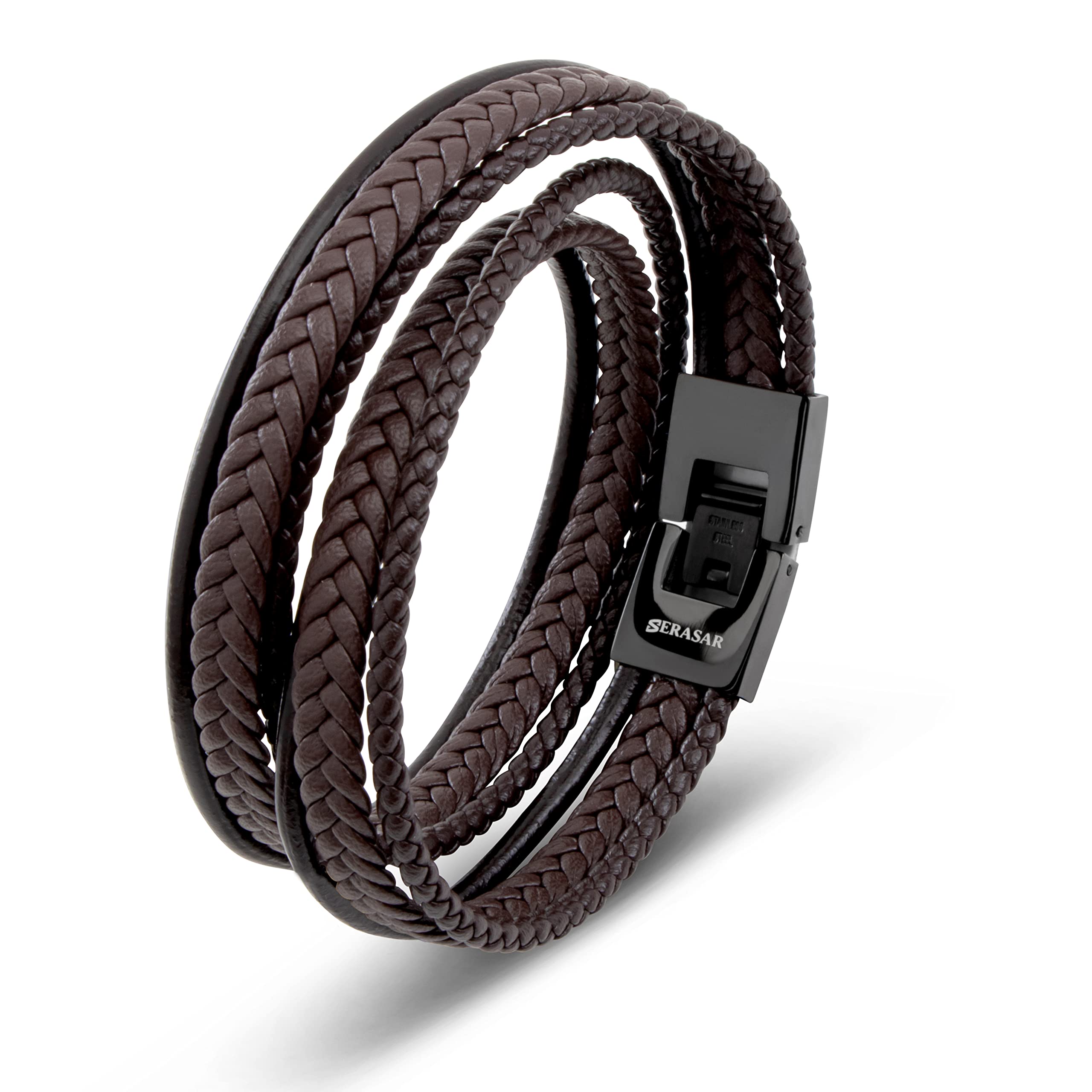 SERASAR Mens Leather Bracelet 34cm Brown Men GiftBox Genuine Cowhide Braided AdjustAble Stainless Steel Accessories MultiLayer Wrap Rope Mans Male Band Jewelry