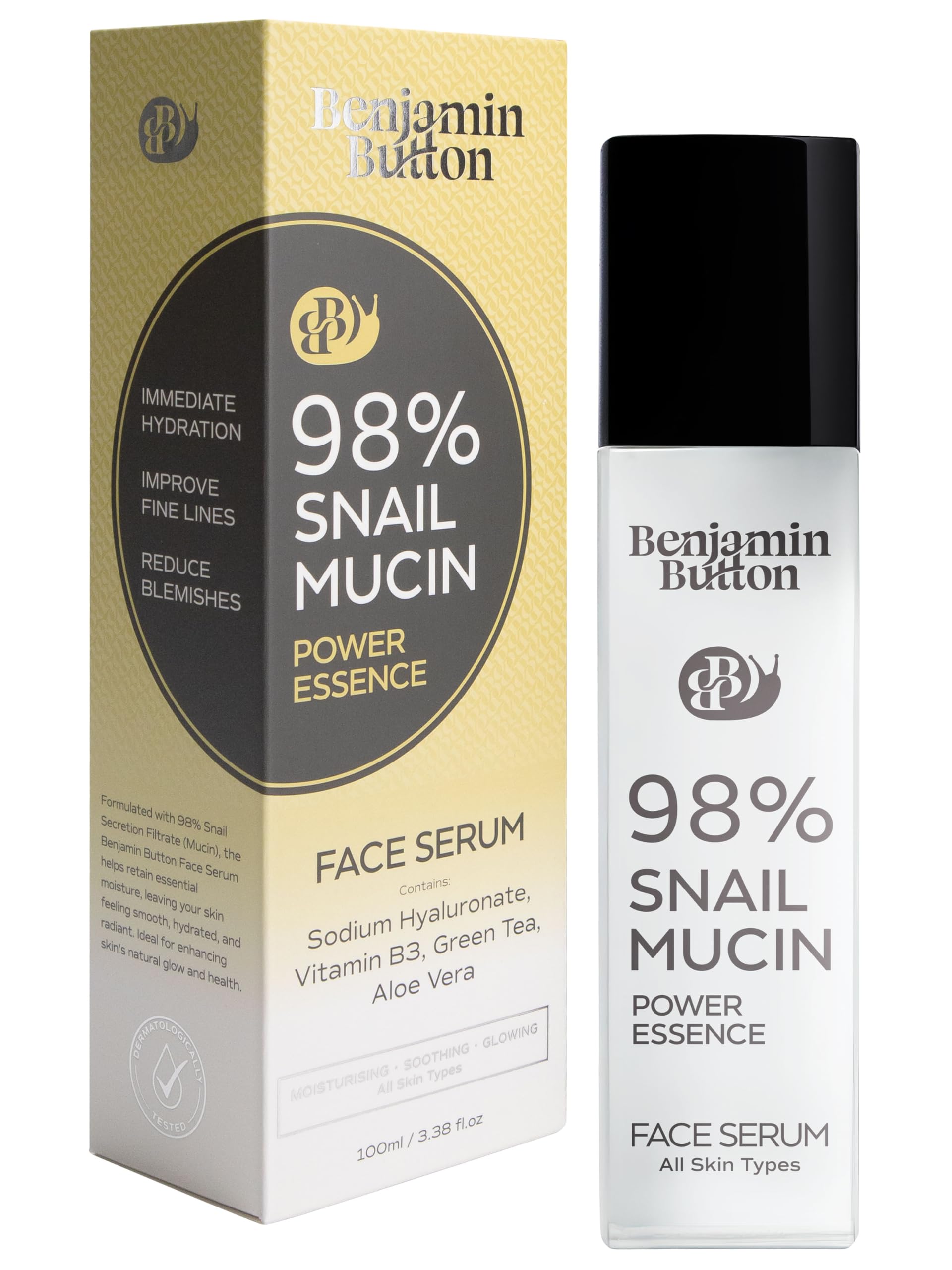 Benjamin Button 98% Snail Mucin Serum - Hydrating, Anti-Aging, & Brightening with Hyaluronic Acid, Niacinamide, Green Tea, Aloe Vera | Ideal for Sensitive Skin & All Skin Types