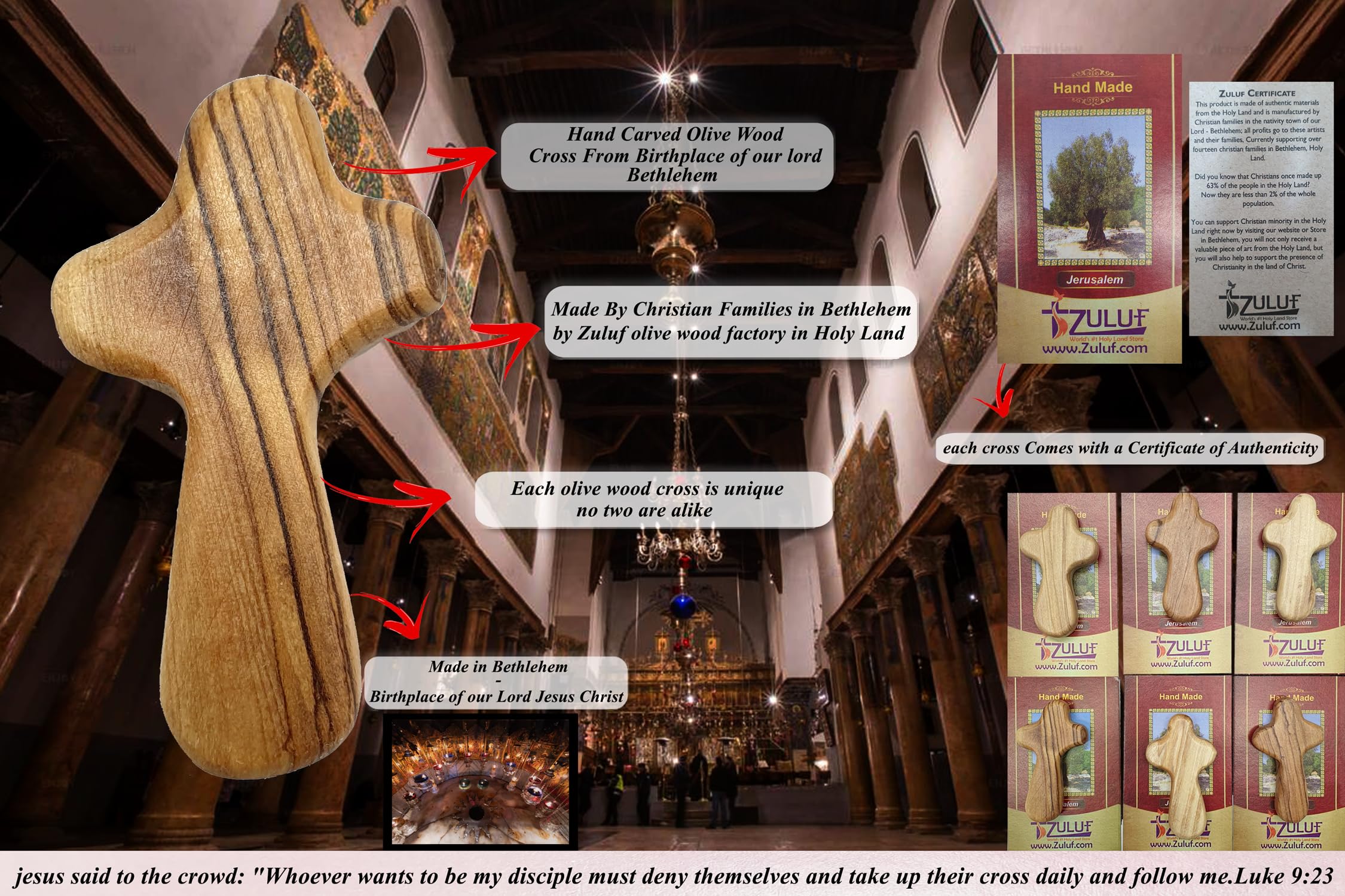 Zuluf Six Small Olive Wood Crosses The Holding Crosses From Israel | Handheld, Comforting Design for Clutching, Clinging With 6 Holy Land Certificates 6cm / 2.5 Inch Each Cross - CRS095