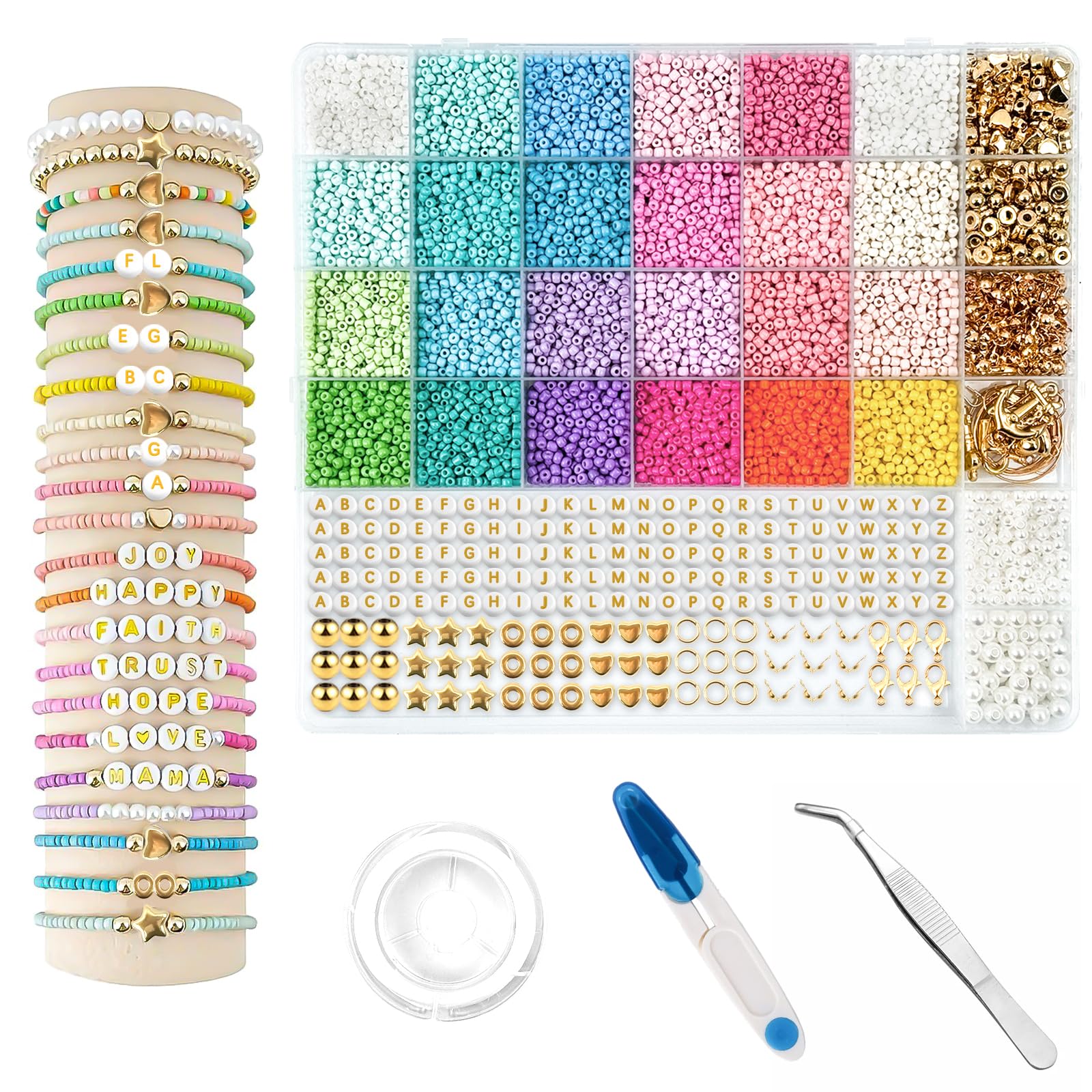 13210 Pcs Friendship Bracelet Beads Kit, 3mm Clay Beads Bracelet Making Kit, Clay Bead Set Letters Beads with Decorative Pendants Pearl Gold Beads Elastic Cord, Jewelry Making DIY Craft for Teens
