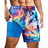 Gleeease 7inch Mens Swim Trunks: with Compression Liner Zipper Pocket Drawstring Quick Dry Stretch Lined 3D FunnyBeach Pool