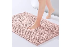 FRESHMINT Chenille Bathroom Rugs Mat 24"x17", Non-Slip Bath Mat for Bathroom Floor & Bathtub, Washable Soft Shower Shag Bath Rugs, Fluffy Thick Water Absorbent Microfiber Shower Mat, Dusty Pink