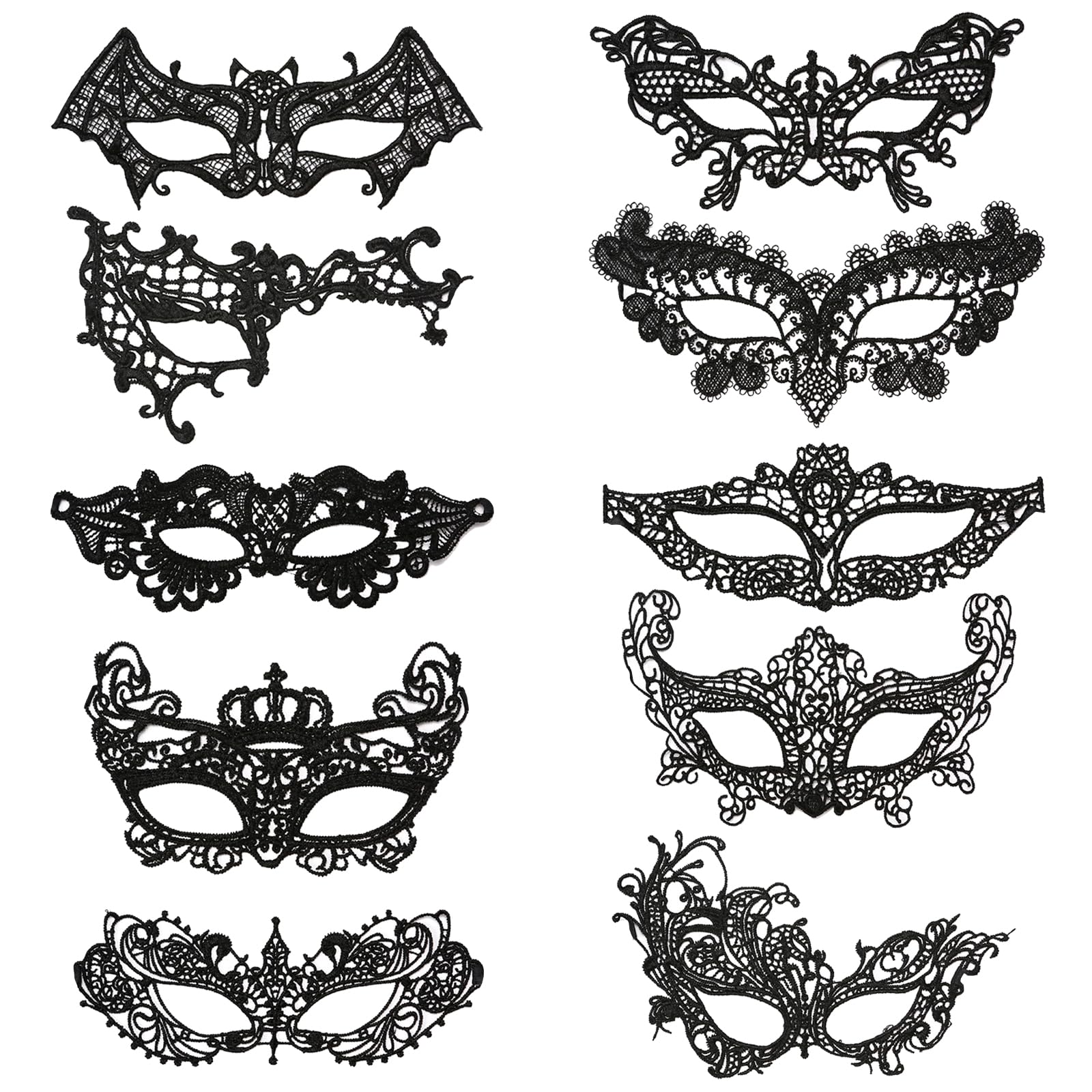 10 Pcs Black Masquerade Masks Set for Women Fancy Dress Set, Half Face Lace Eye Mask for Carnivals Proms & 1920s-Themed Parties, Elegant Venetian Masks, Valentines Day Gift for Lover