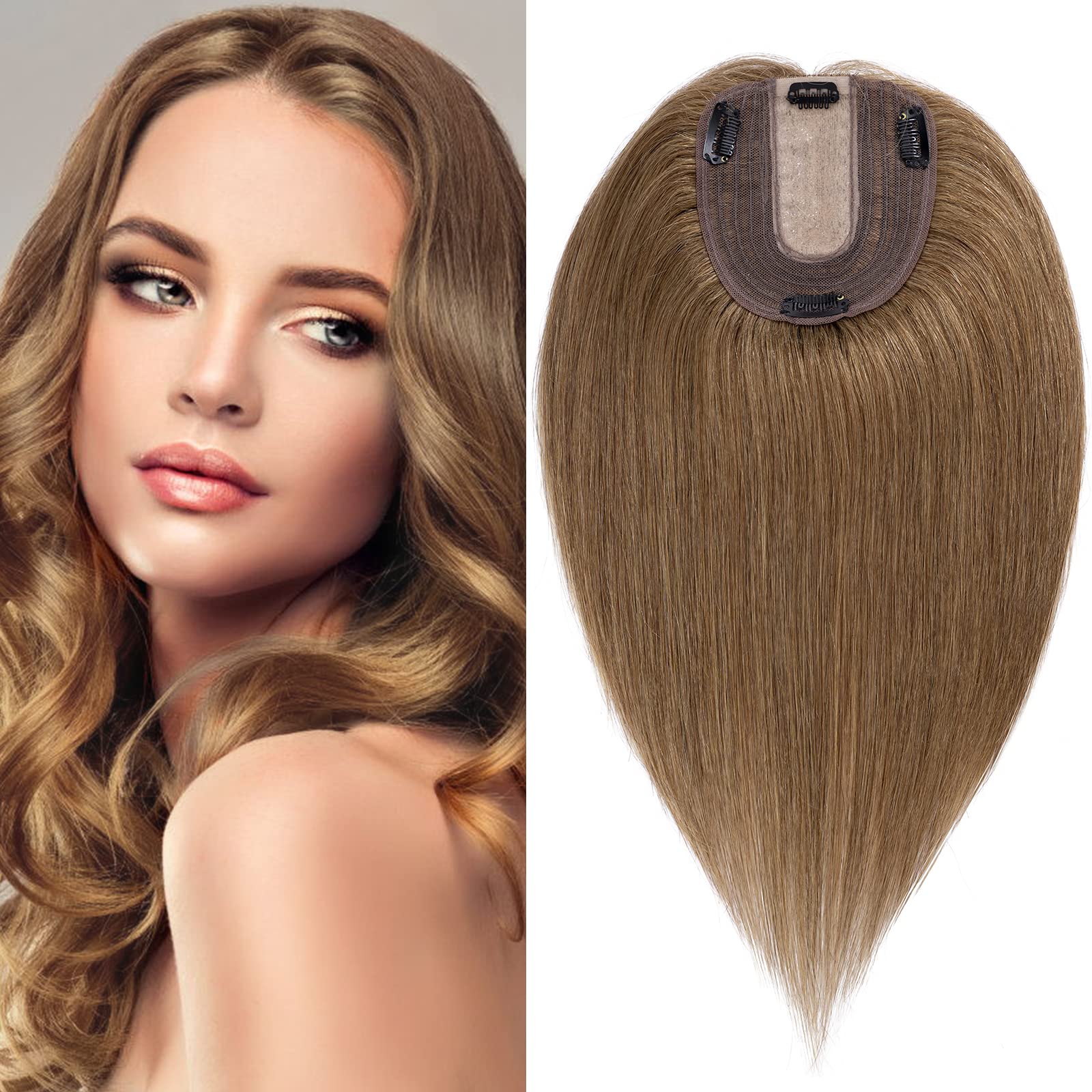 S-noilite Human Hair Toppers for Thinning Hair Women Real Hair Topper Hair Piece Clip in Toupee 100% Remy Real Human Hair 27g（#6 Light Brown, 6 Inch）