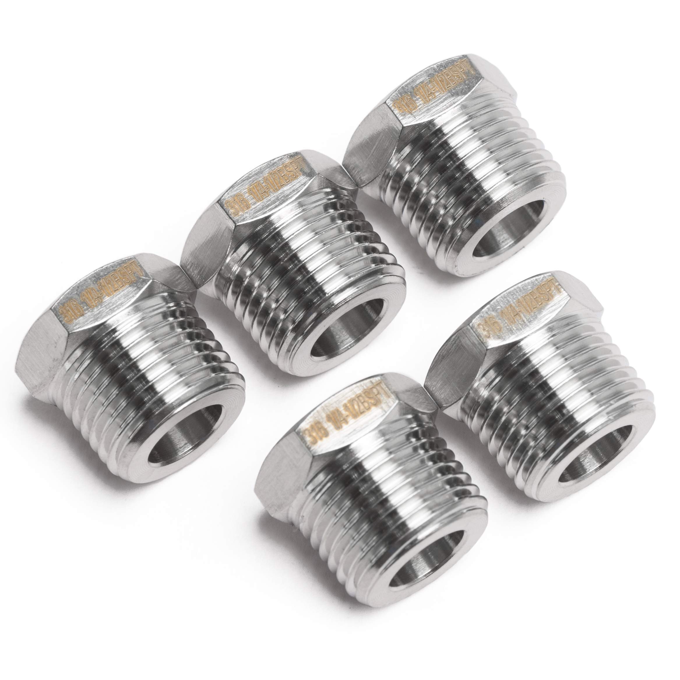 LTWFITTING Stainless Steel 316 Pipe Hex Bushing Reducer Fitting 1/2-Inch Male BSPT x 1/4-Inch Female BSPP (Pack of 5)