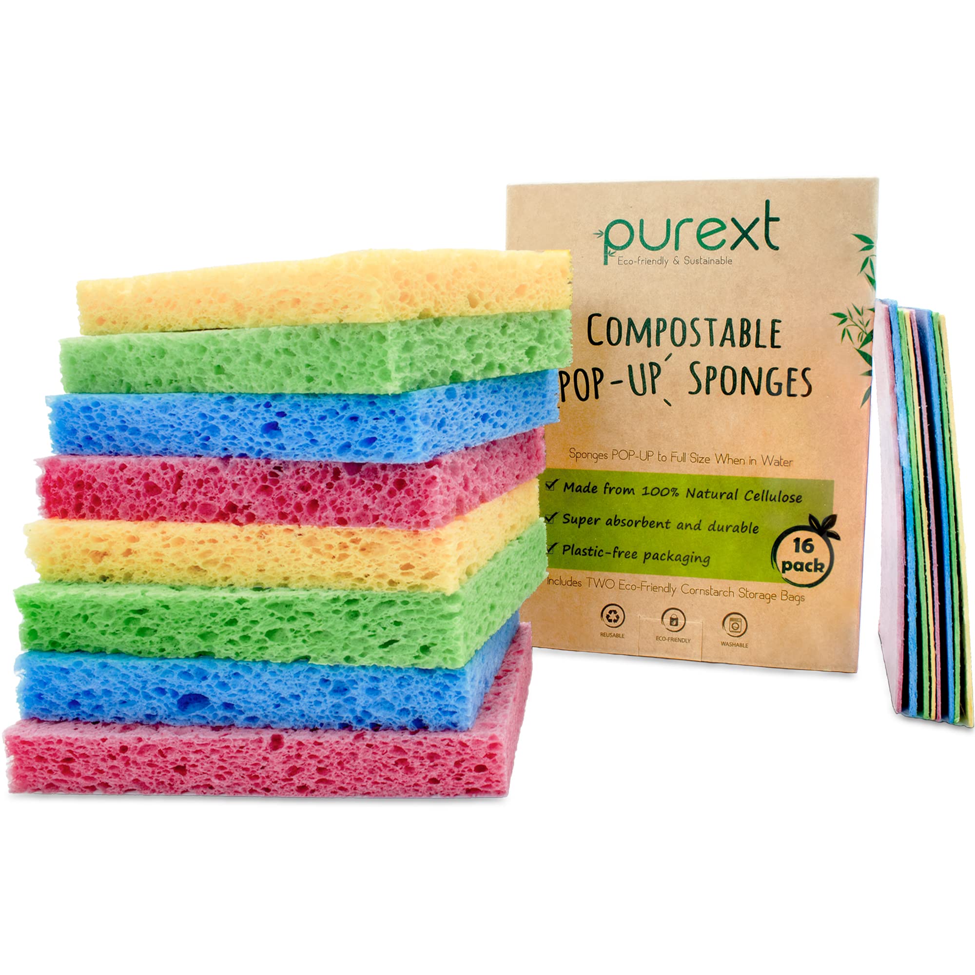 PureXT 16 Pop-Up Eco Sponges | Compostable, Cellulose | Dish Cleaning, Washing Up, Kitchen, Bathroom