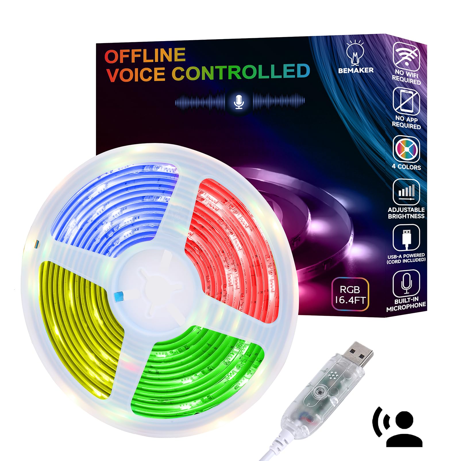 Photo 1 of AI Smart Led Strip Lights Voice Activated, Kids Bedroom Light RGBW, No App No WiFi Required, Music Sync Dimmable Color Changing USB Strip Lights 10 Offline Voice Commands for TV Basements Room Decor