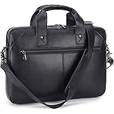 Masa Kawa Mens Leather Slim Briefcase for 16" Laptop Black Waterproof Crossbody Shoulder Messenger Computer Bag for Business Travel Office Work