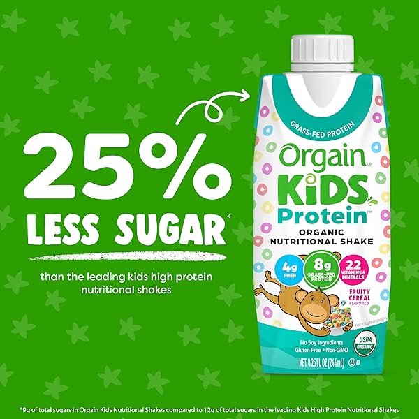 ORGAIN ORGANIC KIDS NUTRITIONAL PROTEIN SHAKE, FRUITY CEREAL – KIDS SNACKS WITH 8G DAIRY PROTEIN, 22 VITAMINS & MINERALS, FRUITS & VEGETABLES, GLUTEN FREE, SOY FREE, NON-GMO, 8.25 FL OZ (PACK OF 12)