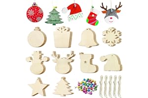 Pseutio 50 PCS Unfinished Wooden Christmas Ornaments DIY Christmas Wooden Slices with 50 Jingle Bells for Crafts Christmas Hanging Decorations (10 Shapes)