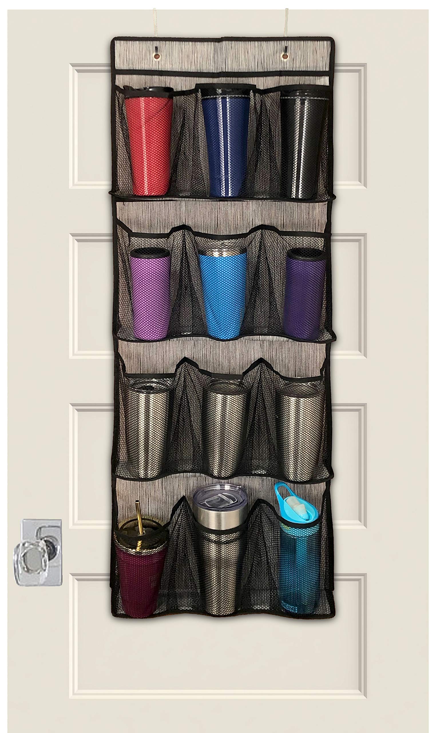 JOKARI Over The Door Hanging Water Bottle and To Go Coffee Tumbler Organizer. Organize Kids Sippy Cups and Lids and Standard Sized Travel Mugs