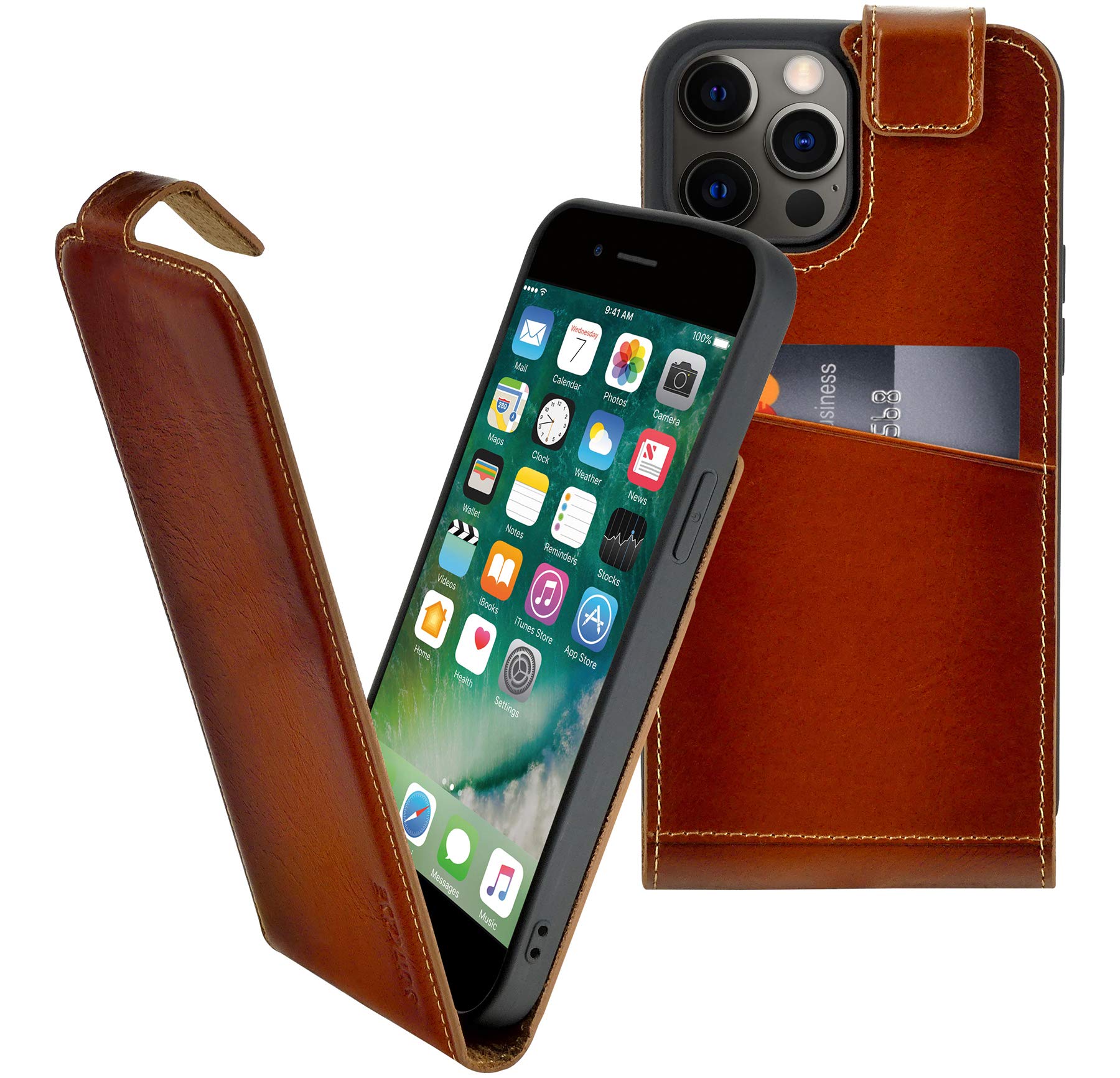 Suncase Original Flip-Style (Ultra Slim) Compatible with iPhone 12 Pro Max (6.7 Inches) Leather Case Protective Case Cover in Burned Cognac