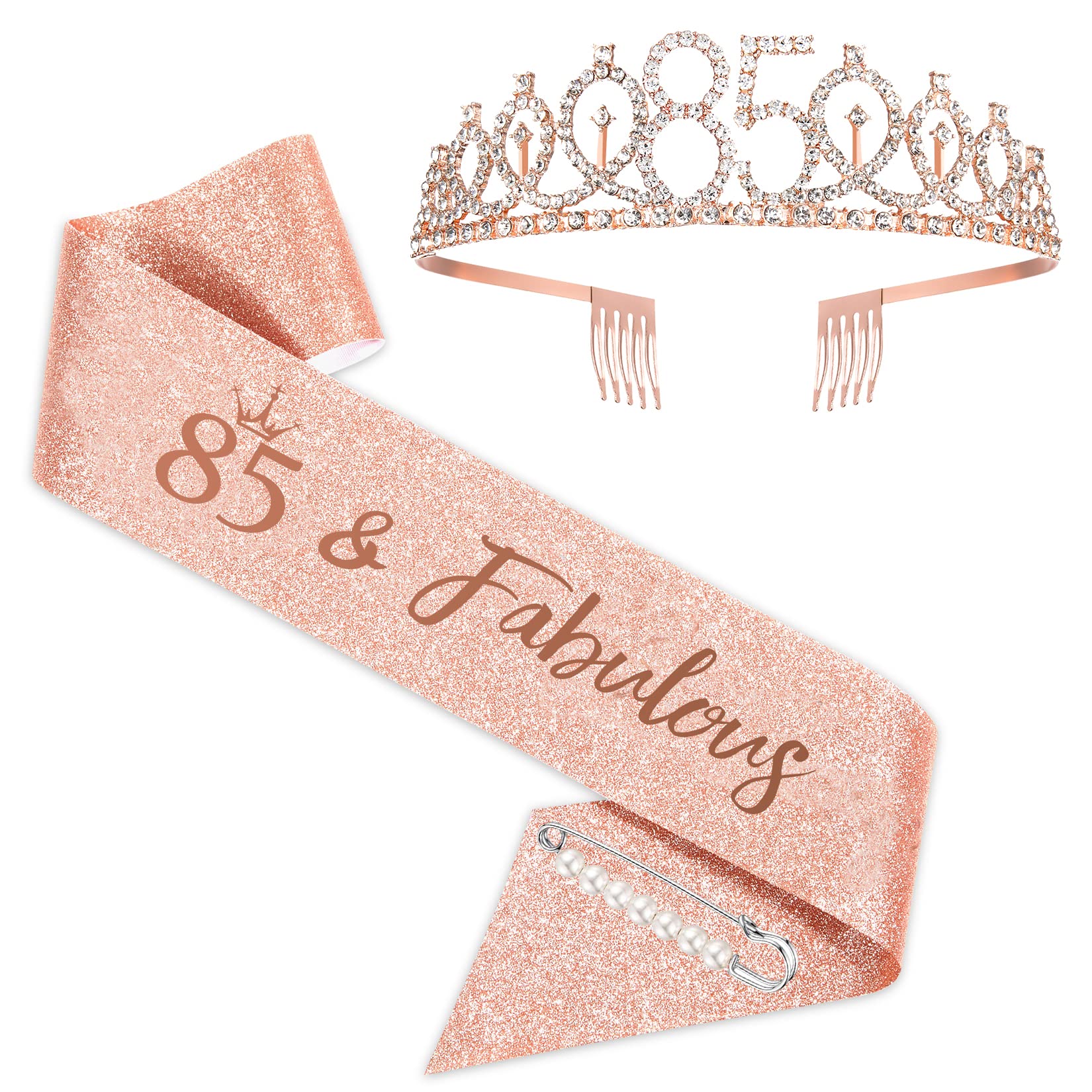 SZHUIHER 85th Birthday Sash and Tiara for Woman, Rose Gold Birthday Sash Crown 85 & Fabulous Sash and Tiara for Woman, 85th Birthday Gifts for Happy 85th Birthday Party Favor Supplies