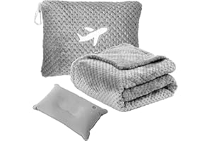 Nenolix Travel Blanket Airplane Compact with Bag, Travel Essentials 3 in 1 Packable Airplane Blanket, Travel Pillow and Blanket Set, Inflatable Pillow, Luggage Sleeve & Backpack Clip (Light Grey)