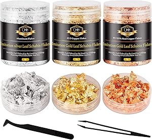 Gold Foil Flakes for Resin, Jewelry Making, Imitation Gold Foil Flakes Metallic Leaf for Nails, Painting, Crafts, Slime and Resin Jewelry Making (Gold, Silver, Copper Colors)- 15 Grams