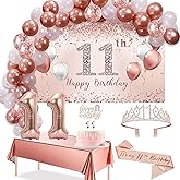 Trgowaul 11th Birthday Decorative Balloon Set girls Arch, Rose Gold 11th Birthday Banner and Party Tablecloth, Belt and Tiara, Pink Gold 11th Balloon, Pink Birthday Cake Top, Latex Balloon * 60