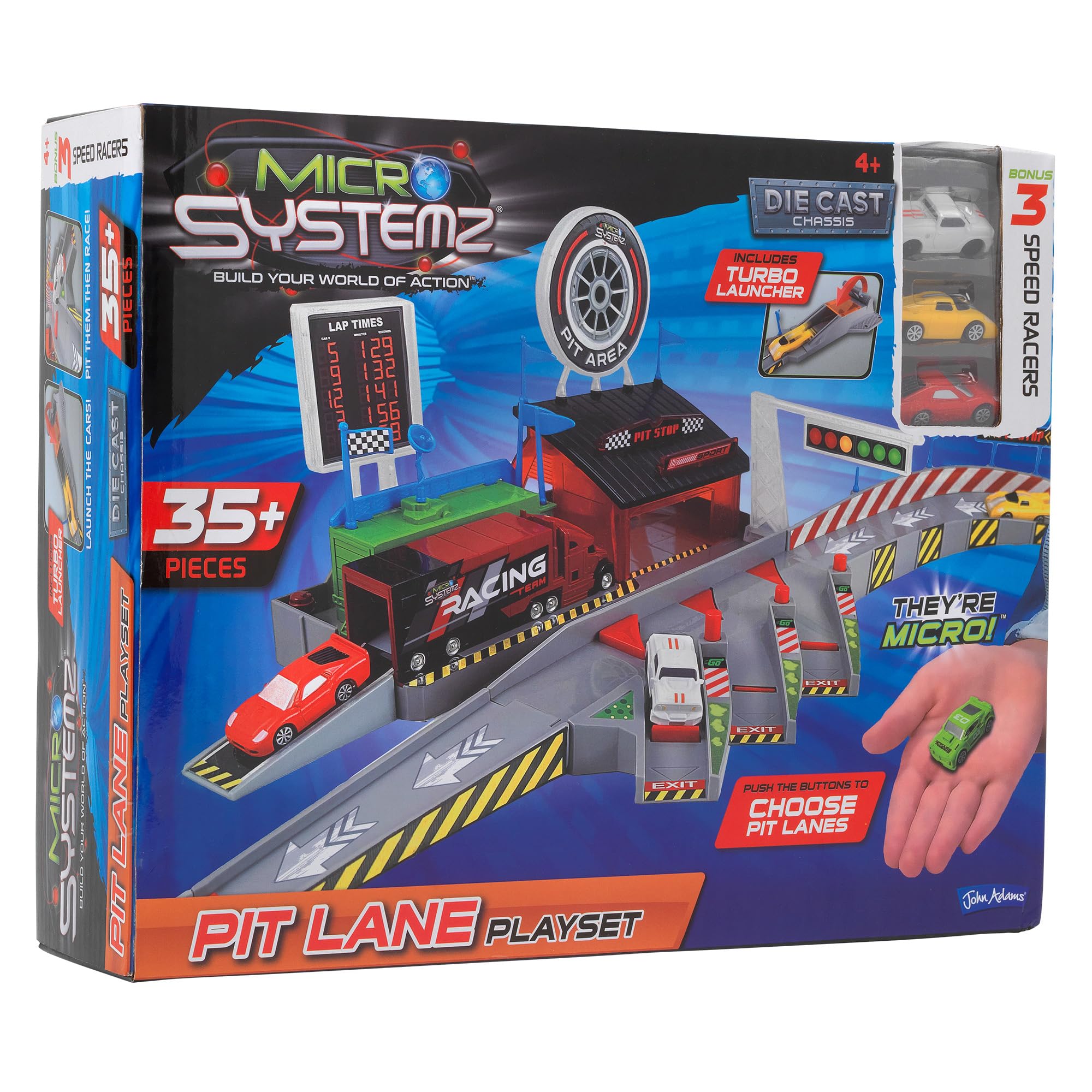 JOHN ADAMS | MICRO SYSTEMZ PIT LANE PLAYSET: Over 35 action packed pieces including race track, turbo launcher, 3 pit lanes and a racing team truck! | Toy Vehicles & Playsets | Die Cast Cars | Ages 4+