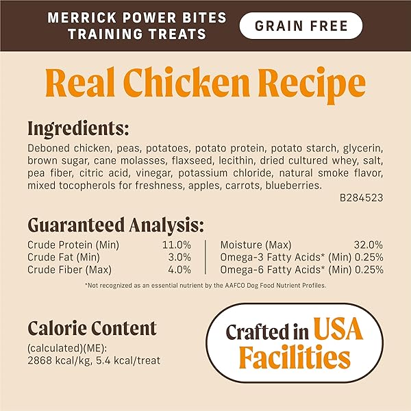 MERRICK POWER BITES NATURAL SOFT AND CHEWY REAL MEAT DOG TREATS, GRAIN FREE SNACK WITH REAL CHICKEN RECIPE – 6 OZ. BAG