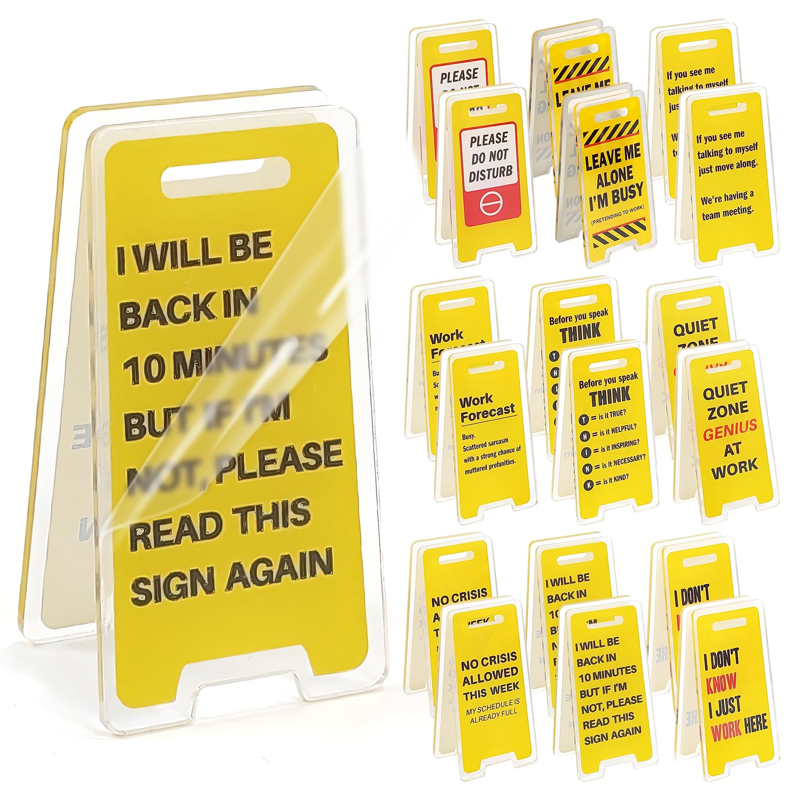 Photo 1 of 18 Pcs Funny Office Desk Sign Clips, Mini Acrylic Message Holders with 9 Humorous Designs - Perfect Office Decor, Gag Gifts, White Elephant, Christmas, Birthday, Coworker and Boss Gifts