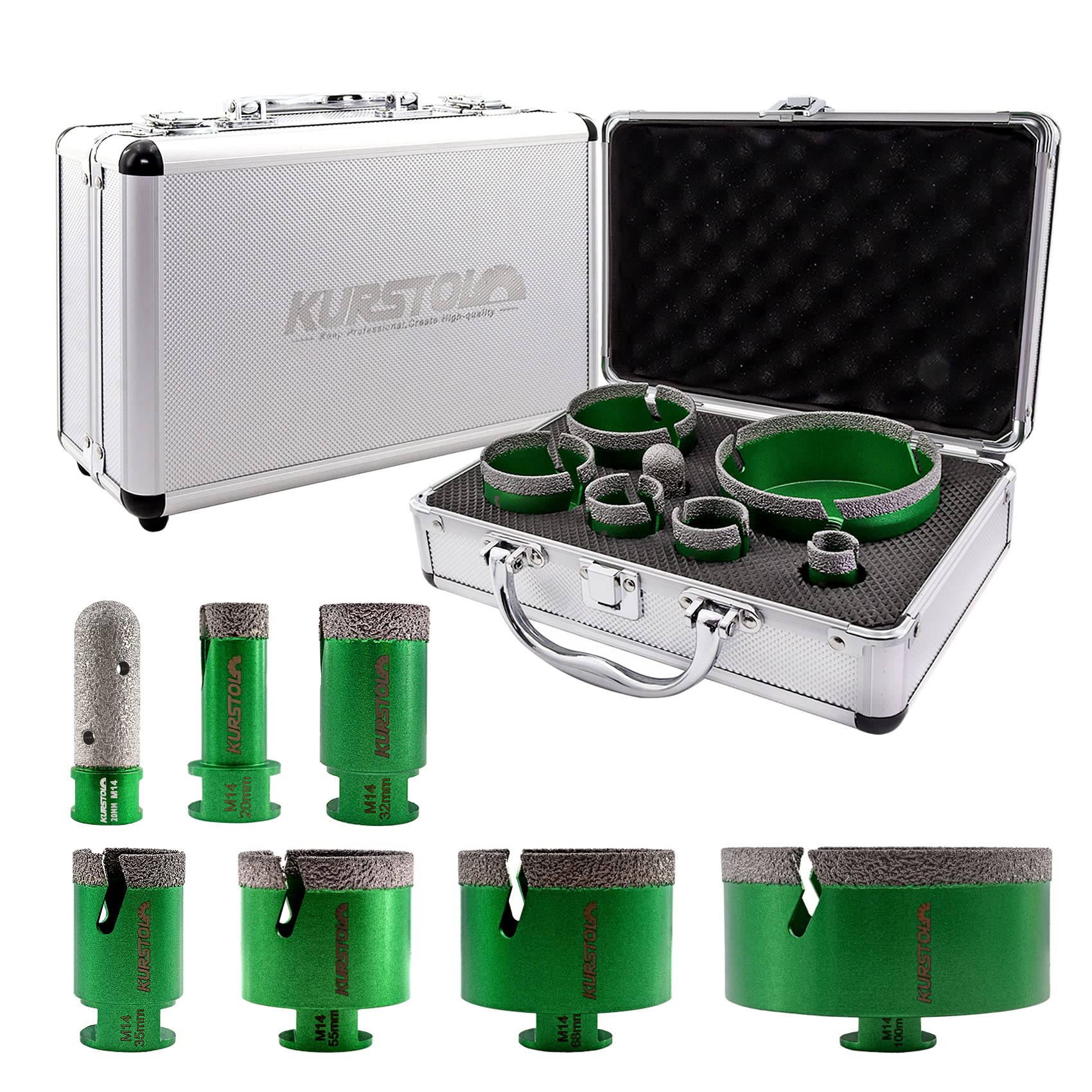 KURSTOL Tile Hole Saw Kit - 6pcs Diamond Core Drill Bits 20/32/35/55/68/100MM+1pc 20MM Diamond Finger Milling Bit M14 thread for Porcelain Ceramic Tile Granite Marble Angle Grinder — image 1