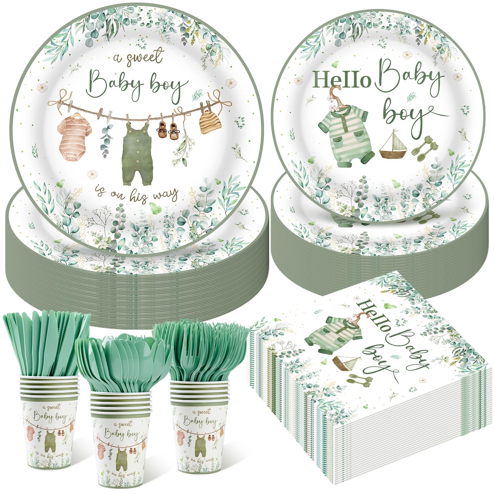 Photo 1 of 350pcs Greenery Baby Shower Decorations for 50 Guests Include Disposable Paper Plates, Napkins, Cups and Plastic Cutlery for Boy