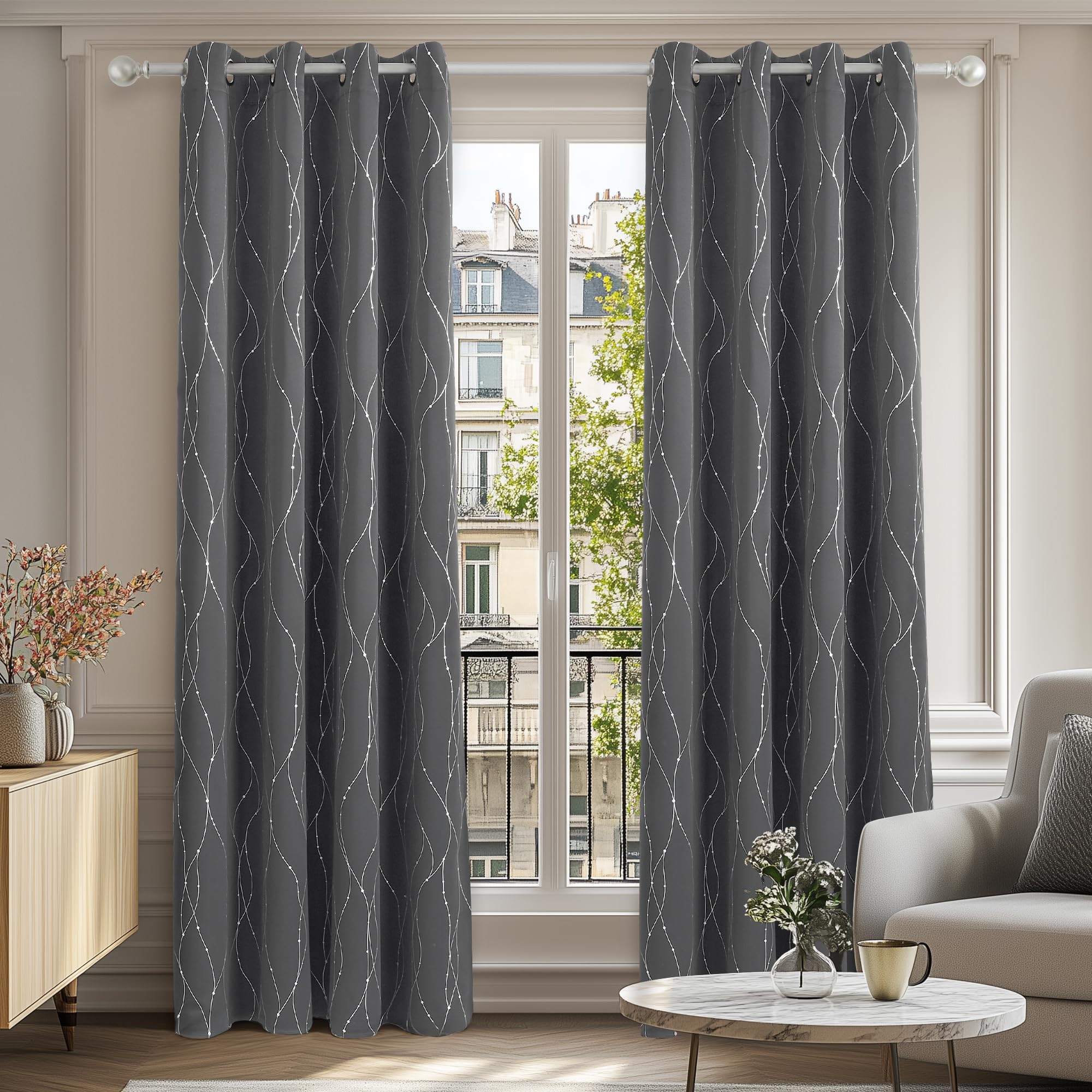 Deconovo Decorative Silver Dotted Line Foil Printed Light Greyout Curtains Thermal Insulated Curtains Eyelet Curtains for Baby Nursery with 66 x 72 Inch Light Grey Two Panels