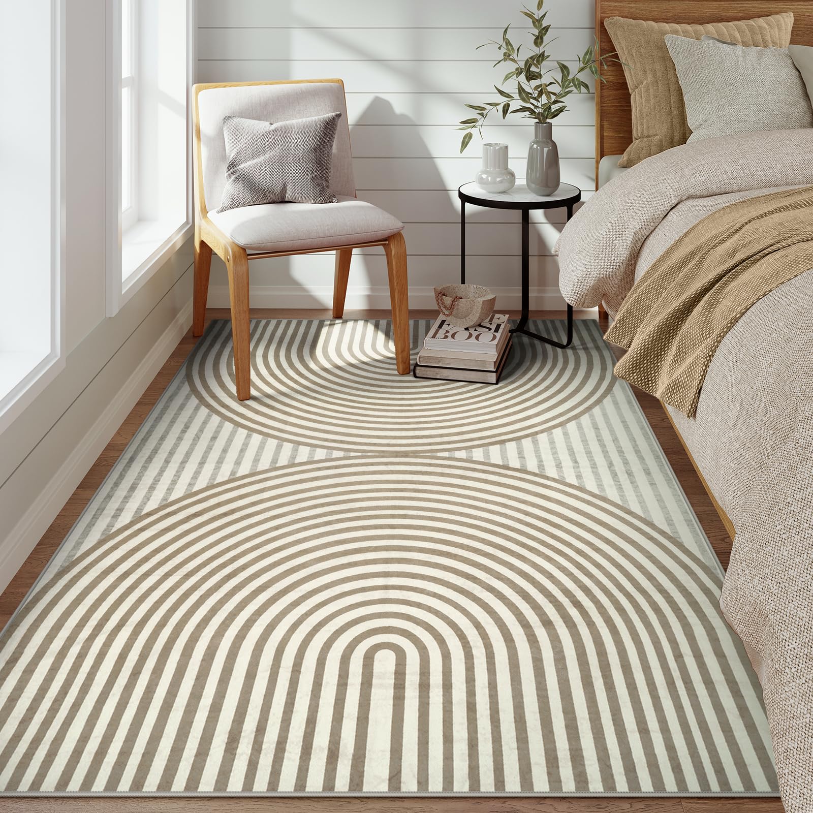 Photo 1 of LIVEBOX Washable 5x7 Area Rugs for Living Room Non Slip,Soft Mid Century Modern Rug,Boho Striped Ultra-Thin Geometric Large Carpet Rugs for Bedroom, Dining Room (Khaki/Rainbow-2, 5'x7')
