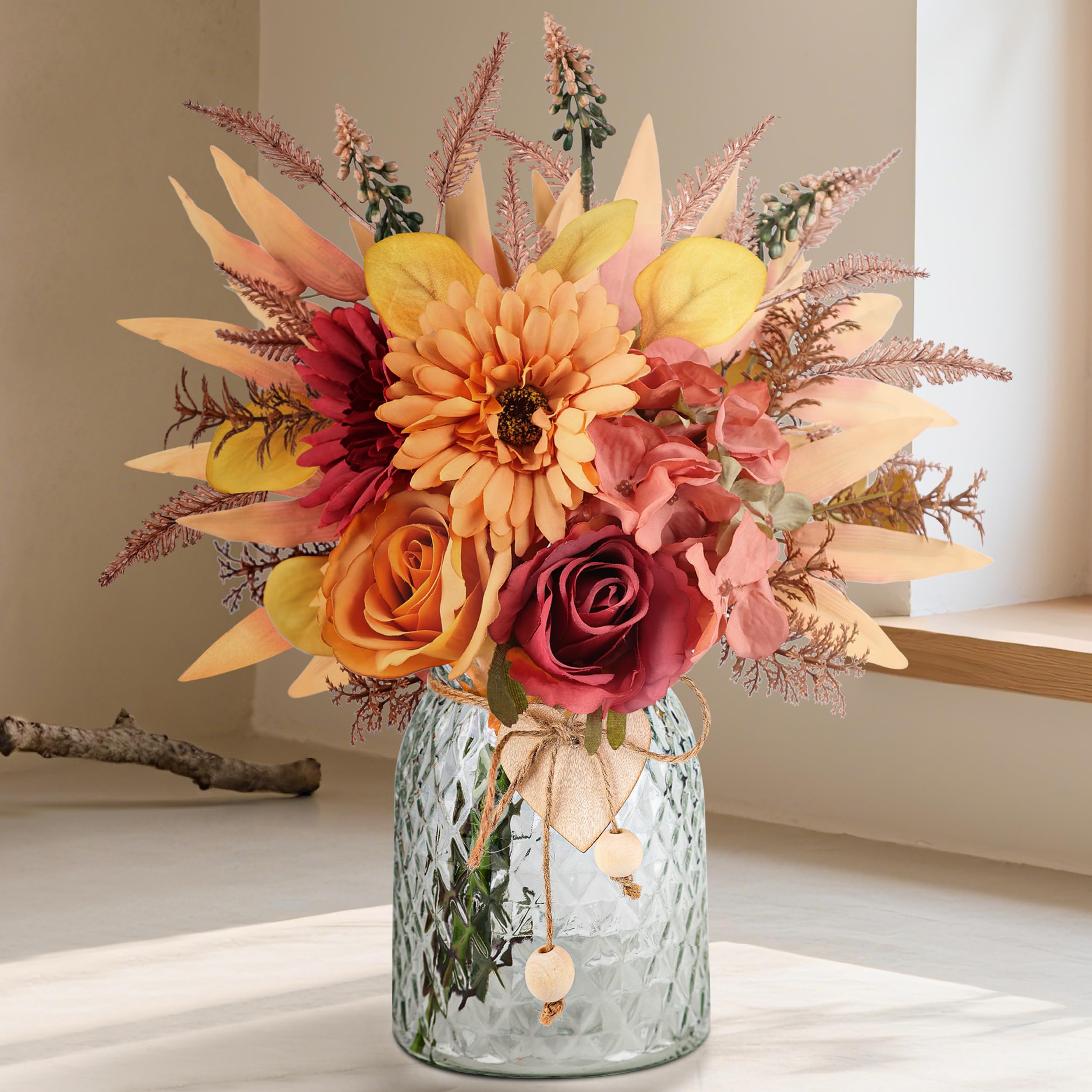 Photo 1 of Der Rose Fall Fake Flowers in Vase Silk Artificial Flowers Arrangements with Glass Vase for Dinning Coffee Table Centerpieces Home Kitchen Farmhouse Wedding Decor (Orange)