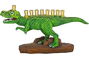 ZION JUDAICA LTD Zion Judaica Green Dinosaur Menorah Polyresin with Brass Cups Functional Kids Dino Candle Menorah Fits Standard Chanukah Candles