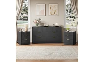 NOVAMAISON 7 Drawer Dresser & Nightstand Set, 3-Piece Black Bedroom Dressers and Night Stand Set of 2 with Metal Handle, Fluted Modern Wood Chest of Drawers Storage Dressers Set for Bedroom, Black