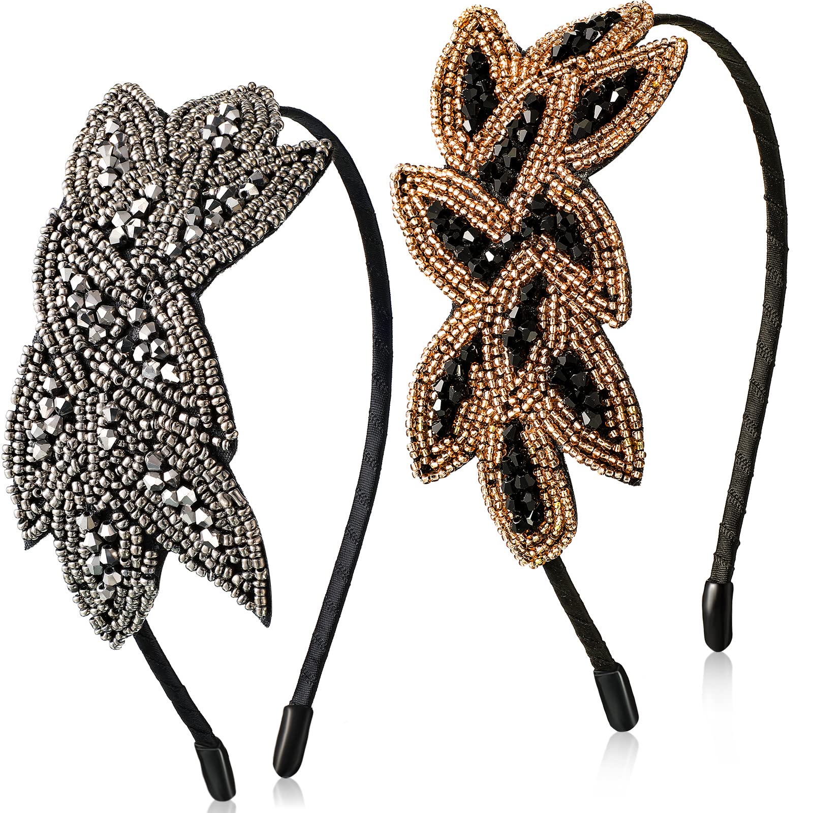2 Pieces Flapper Headband 1920s Hair Accessories for Women Flapper Headpiece Leaf Beaded Vintage Hair Accessories Vintage Headbands for 20s Costume Party (Silver, Black-gold) — image 1