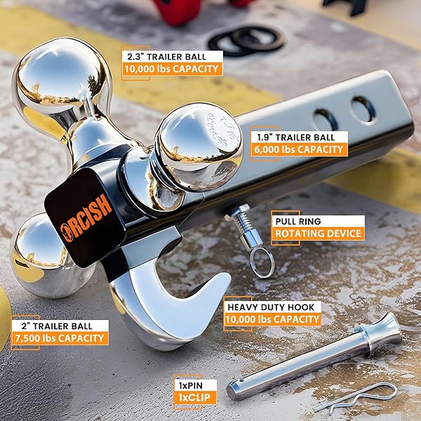 ORCISH 360° SWIVEL TRAILER HITCH, TRI-BALL MOUNT WITH PIN & HEAVY DUTY HOOK, CHROME-PLATED TRAILER BALL SIZE 1-7/8″, 2″ AND 2-5/16″, FIT 2 INCH HITCH RECEIVER, ROTATING BALL HITCH, TOWING HITCH