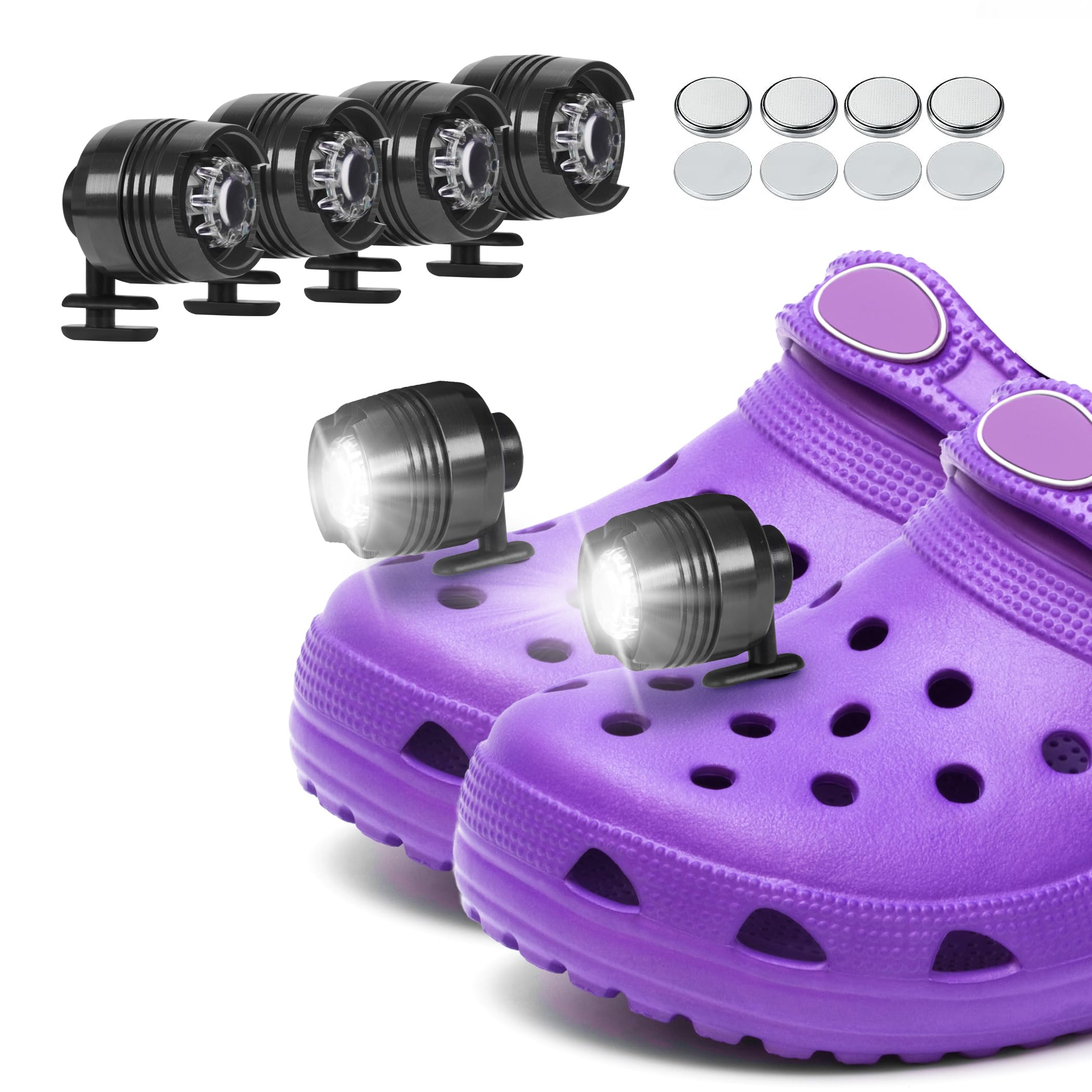 Vagocom 4Pcs Headlights for Croc Shoes, LED Torch Light Charms Accessories for Adults and Kids, 3 Modes Small Flashlight Headlamp Attachment for Hiking,Camping,Dog Walking(Black)