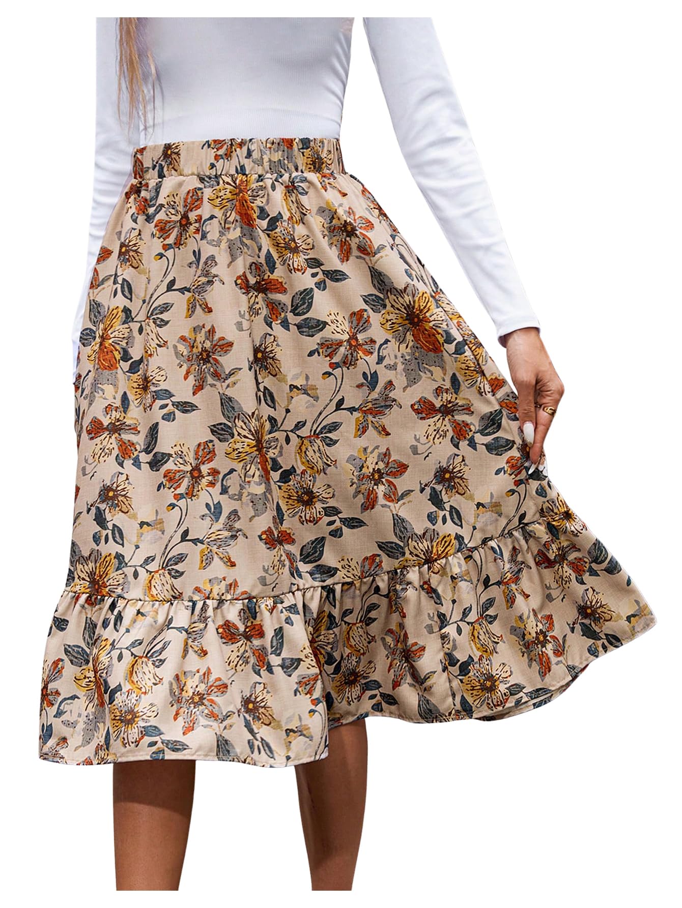 Photo 1 of SweatyRocks Women's Floral Print Midi Skirt A Line High Waisted Vacation Vintage Flowy Skirts Multicolor Large