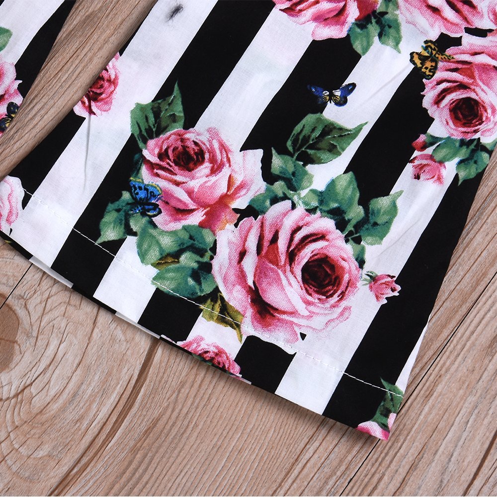 2Pcs Baby Girls Off-Shoulder Crop Tops+ Long Floral Striped Flare Pants Infant Summer Outfits Clothes Set(3-4T)