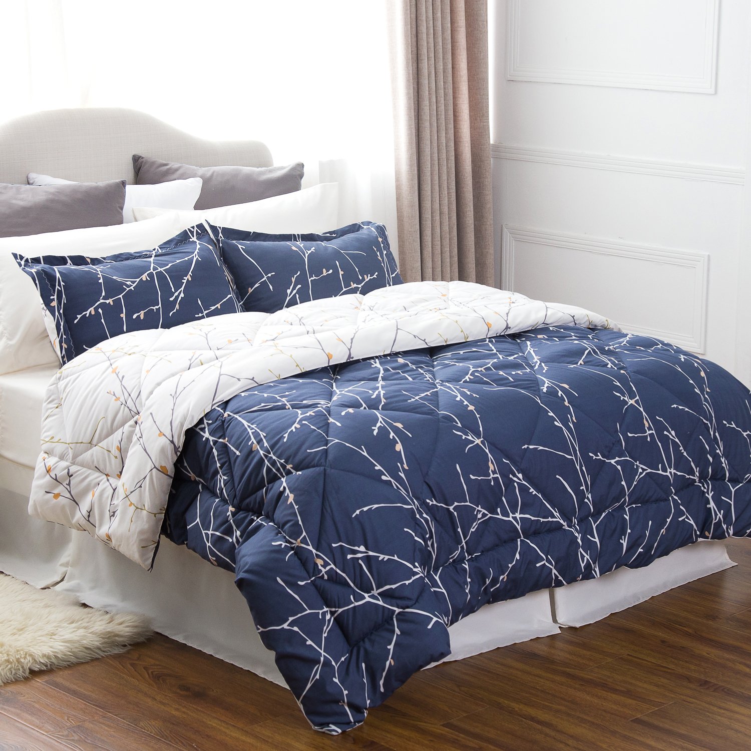 Bedsure 8 Piece Comforter Set King Size(102"X90") Navy/Camel Branch