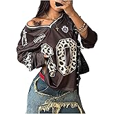 Milumia Women's Leopard Number Graphic Mesh Jersey Shirt V Neck Long Sleeve Oversized Tee Tops