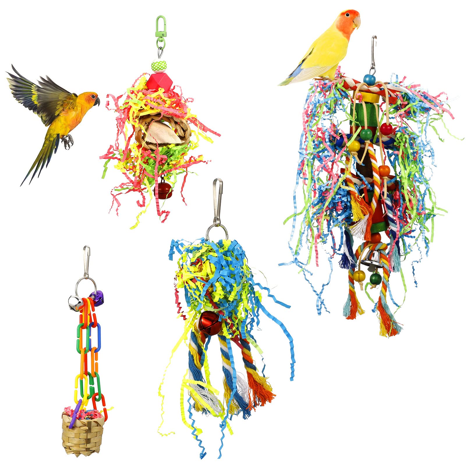 Pinenuts 4 Pack Bird Shredding Toys for Budgies, Parrots - Chewing Hanging Foraging Cage Accessories for Small Parakeets, Conures, Love Birds, Finches