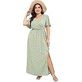 KOJOOIN Womens Kojooin Women Plus Size Wrap Maxi Dress Short Flutter Sleeves Empire Waist Side Split a Line Casual Dress