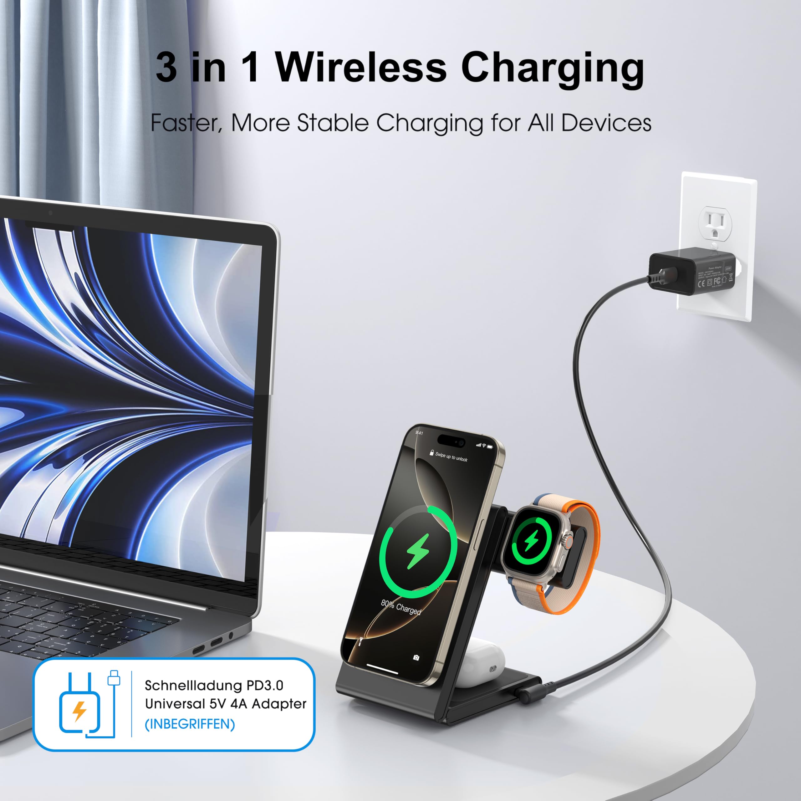 3 in 1 Wireless Charging Station for Multiple Devices, Fast Foldable Travel Mag-Safe Stand for iPhone 16/15/14/13/12/Series, Magnetic Charger for Apple Watch 10/Ultra 2/AirPods 4 with 20W Adapter