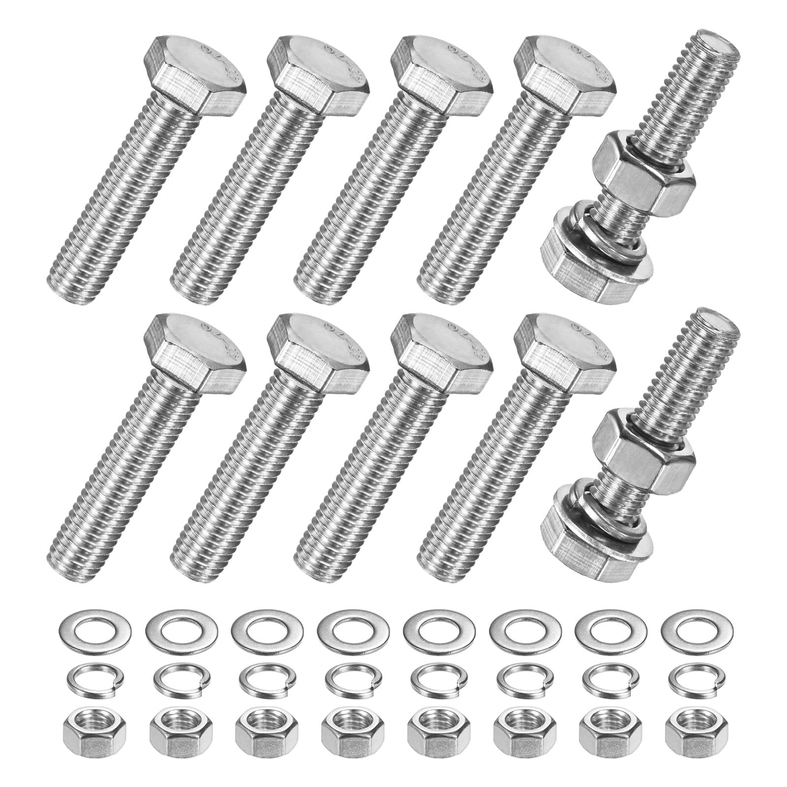 M METERXITY 10-Pack Hex Head Screw Bolt with Nuts Flat & Lock Washers M10x45mm Stainless Steel Bolts and Nuts Kit Fully Threaded Metric Bolt Assortment for Equipment/Machinery