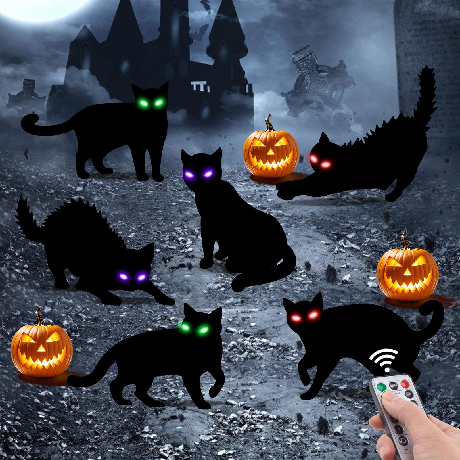 Photo 1 of *no lights****___6Pack Black Cat Halloween Decorations Outdoor with LED Glowing Eyes Black Cat Yard Stakes Halloween Decor, Waterproof Outside Cats Blow up Scary Patio Lawn Decorations