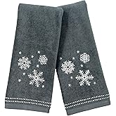 Serafina Home Christmas Hand Bathroom Towels, Set of 2, Embroidered Snowflakes and Stars, Dark Grey Velour Terry Cotton 16" x 25", Winter Holiday Decor for Kitchen or Bath
